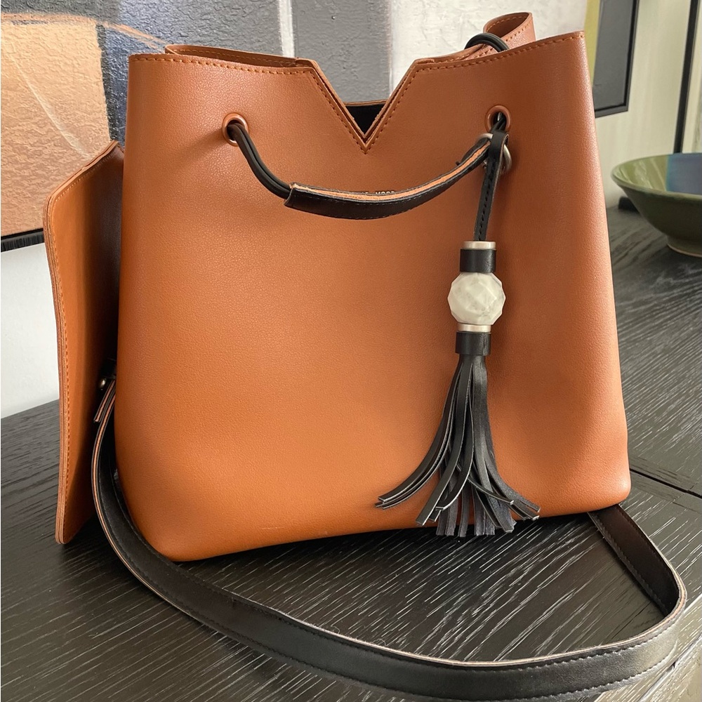 Pixie Mood Jasmine Cognac and Black Vegan Leather Satchel